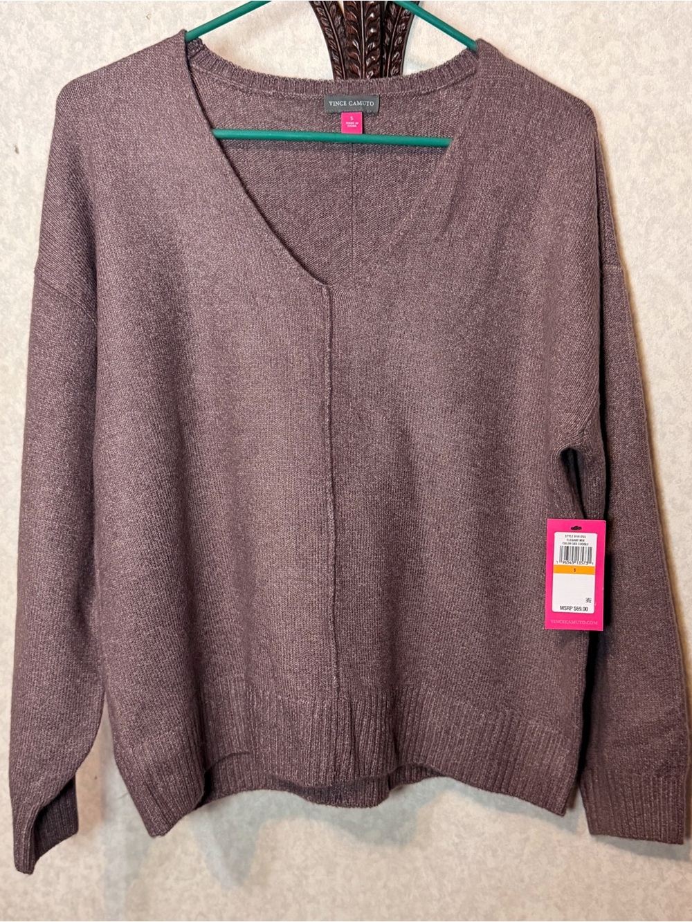 NWT Vince Camuto Cozy V-Neck Sweater Brown Small Soft Knit Quiet Luxury Cozy - Picture 2 of 9